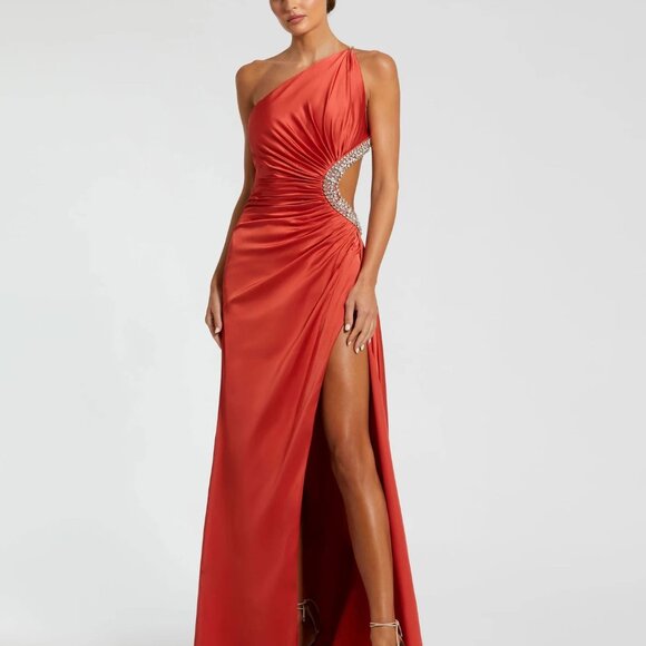 NWT | Mac Duggal 11692 One Shoulder‎ Jewel Embellished Side Cut Out Gown Red 8 - Picture 1 of 7